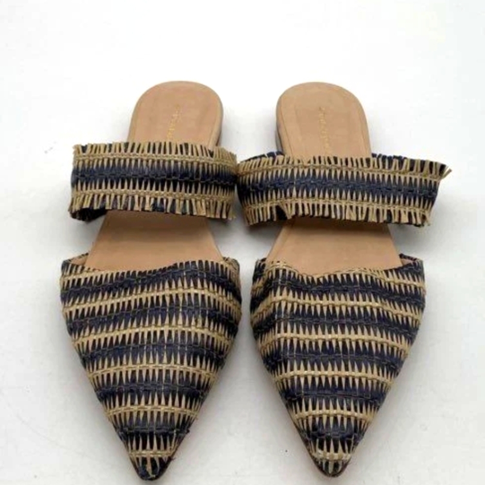 Tuckernuck Women's 9 Raffia Cara Beige Blue Slip-On Mule Sandals